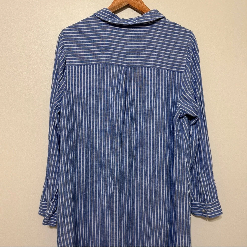 J. Jill Linen Button Down Shirt Dress Size Large Striped Midi Blue Beach - Picture 6 of 7